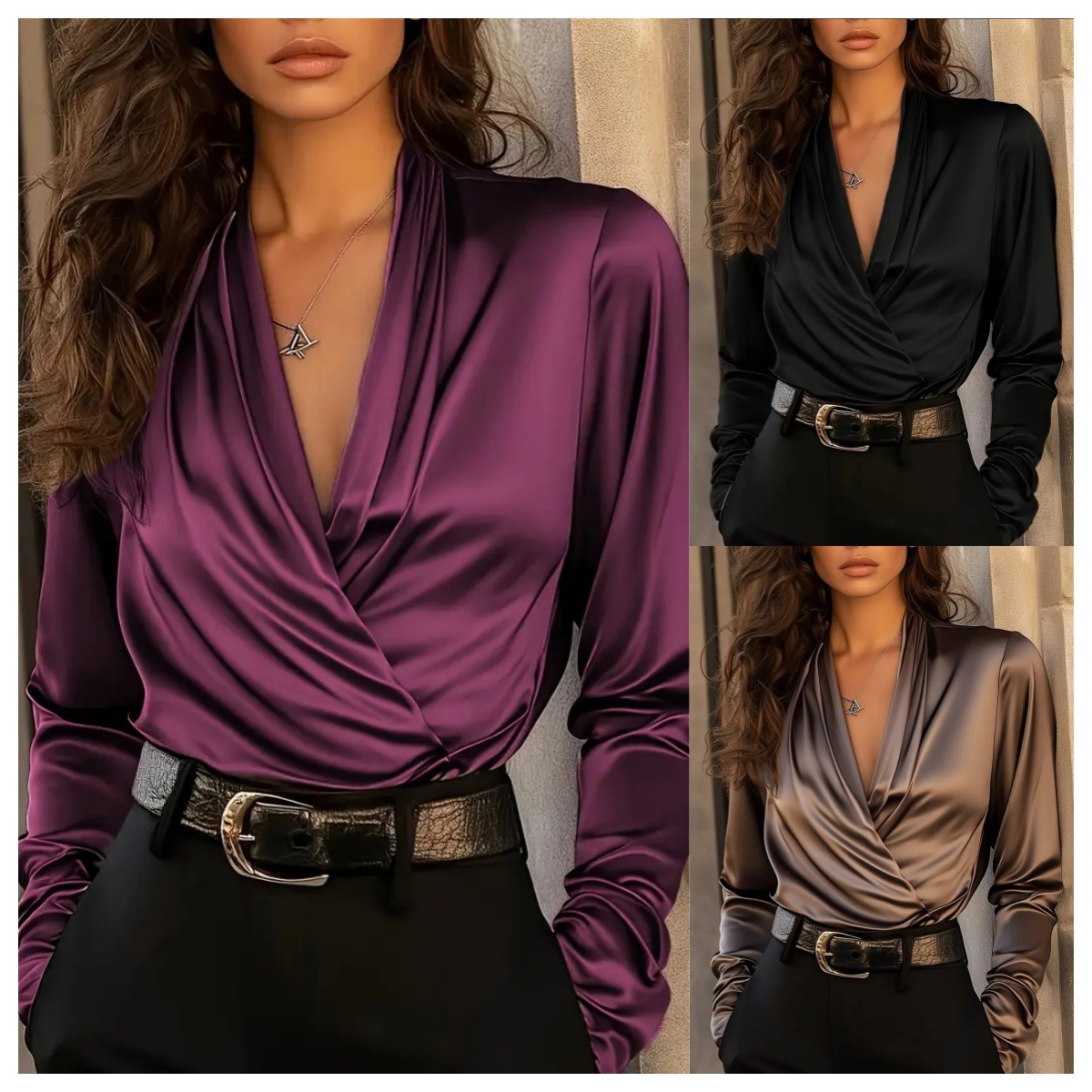 Women Formal Office Wear Tops - Женская атласная блузка с V-образным вырезом