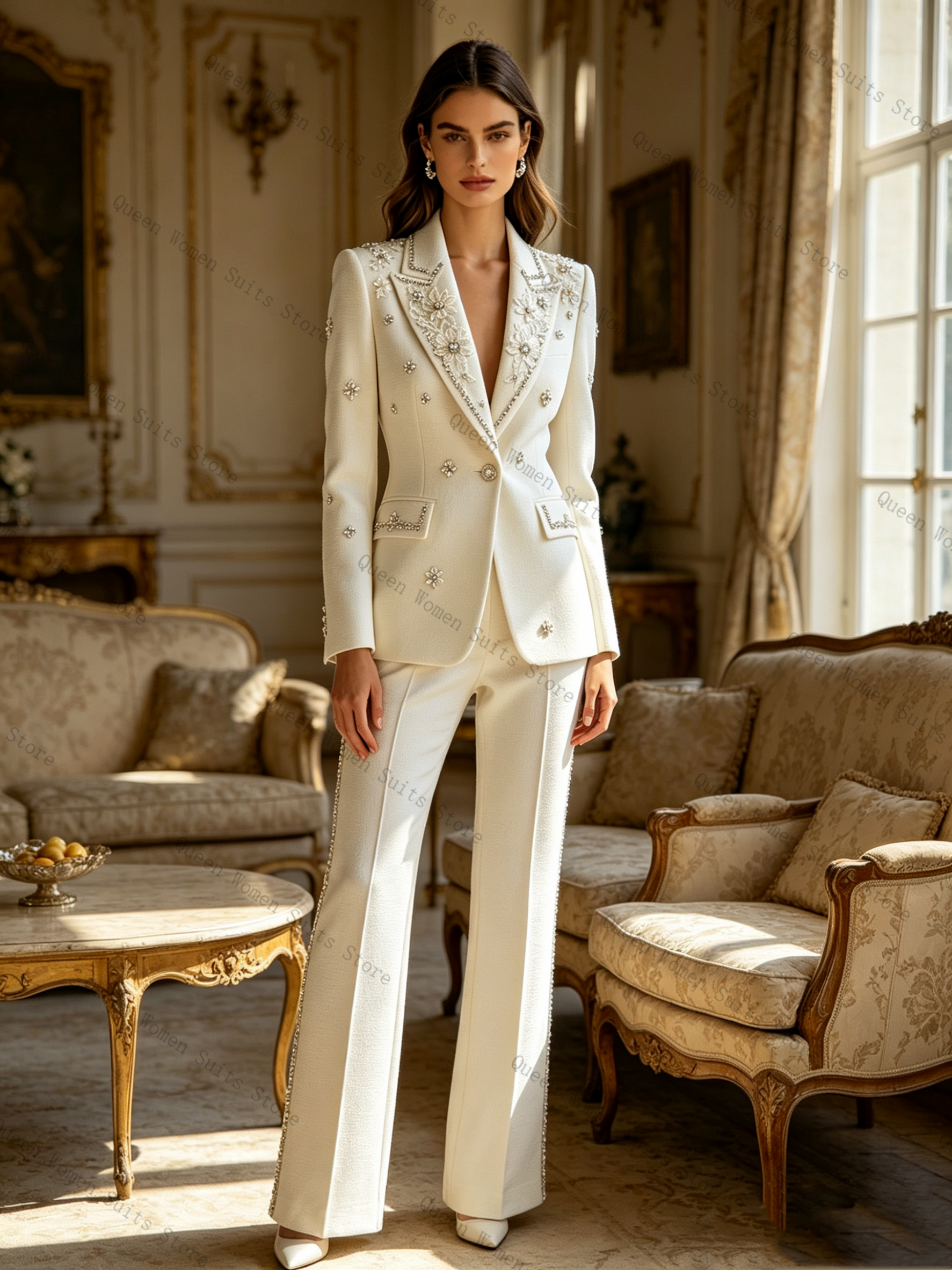 Women Formal Wear Blazer Set - Женский костюм с белыми кристаллами, комплект
