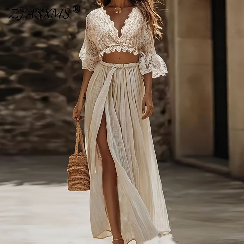 Women Formal Wear Set - Женский богемный кружевной комплект из двух