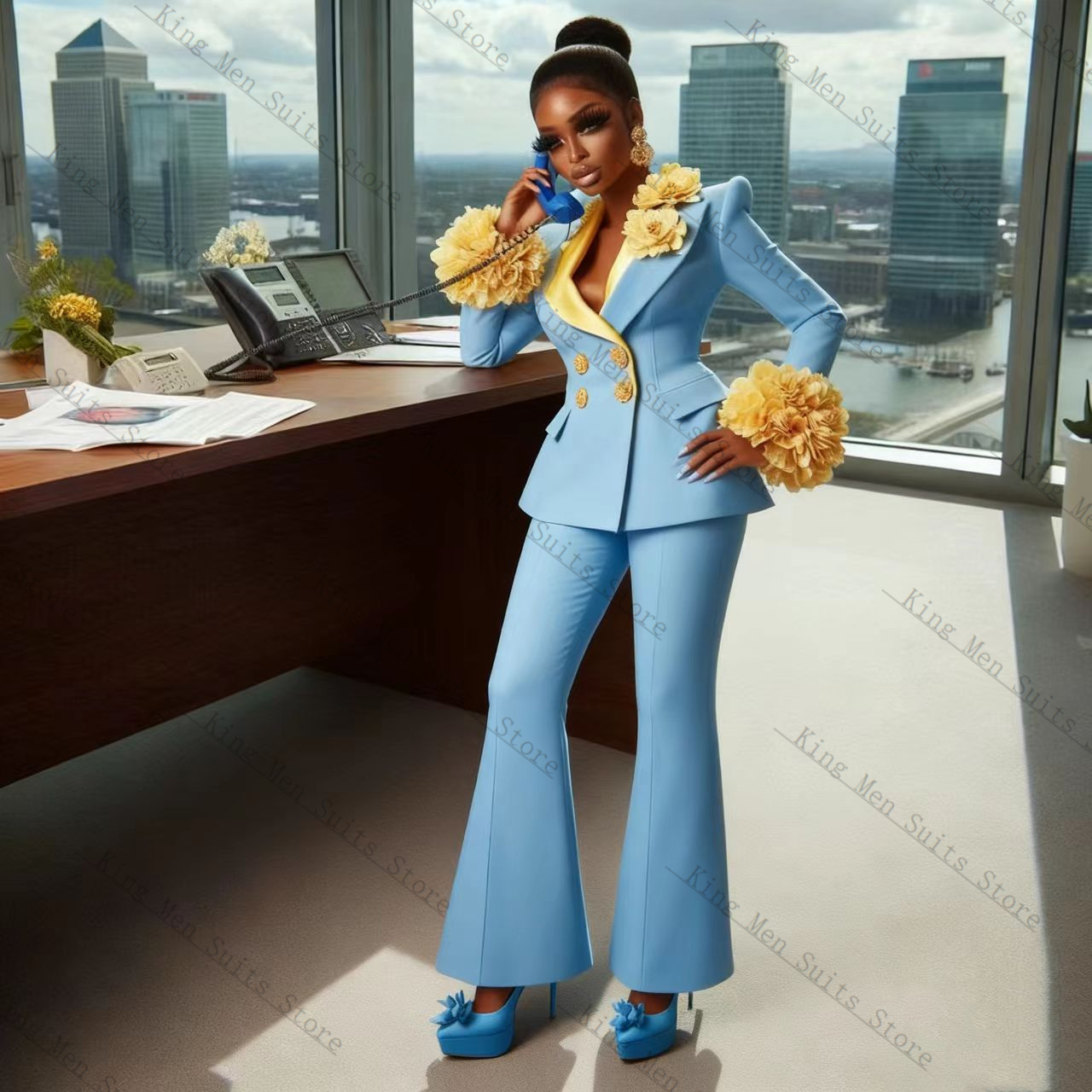 Women Formal Wear Blazer Set - Голубой женский костюм, комплект из 2