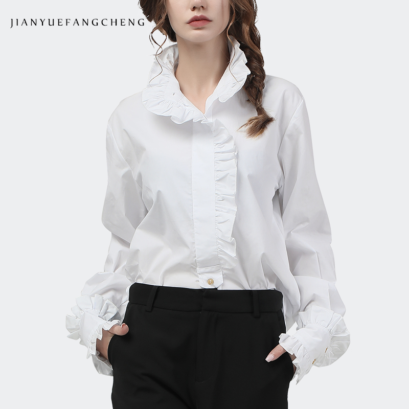 Women Formal Office Wear Tops - Рубашка женская хлопковая с оборками, Элегантная