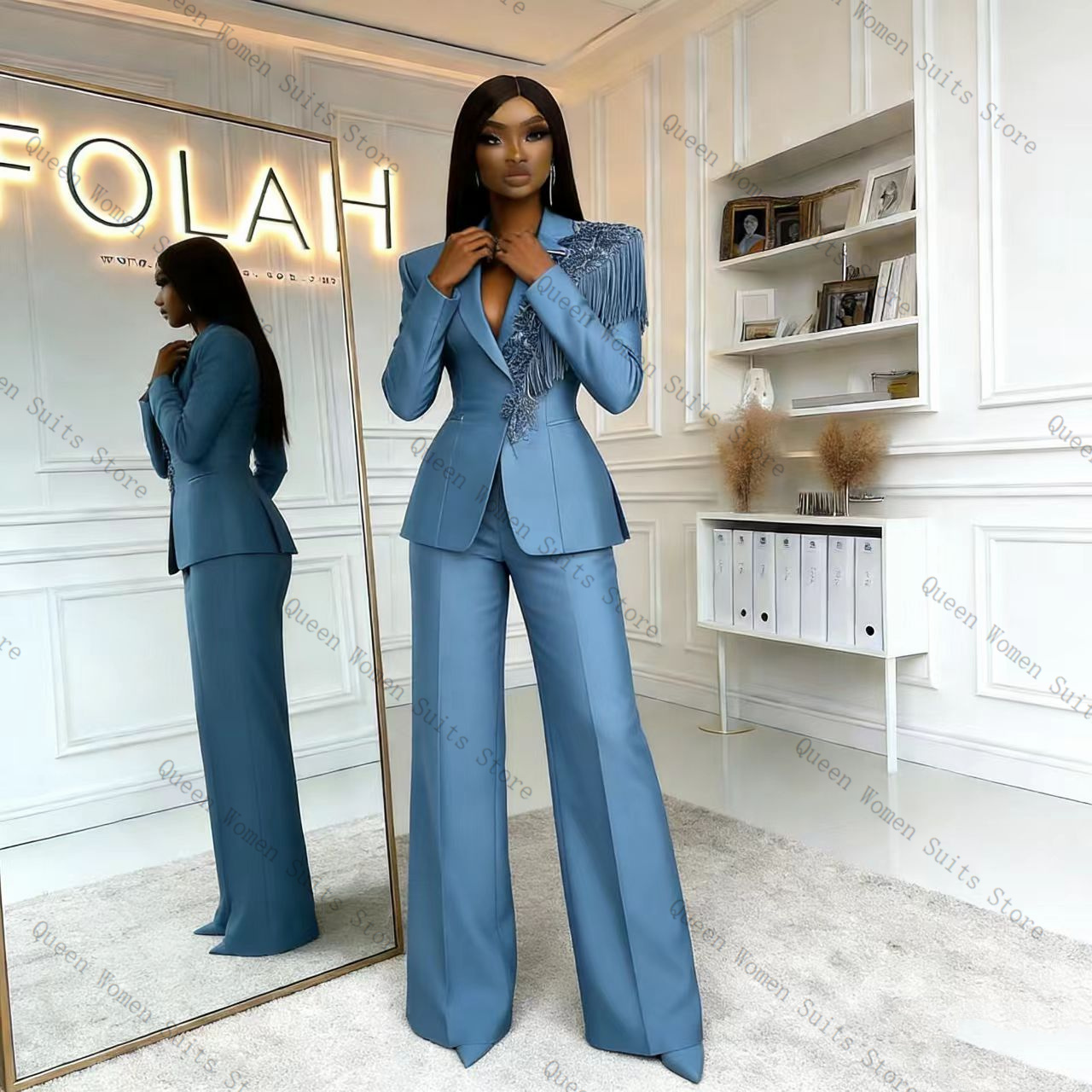 Костюм женский синий с бахромо – обзор и цена Women Formal Wear Blazer Set