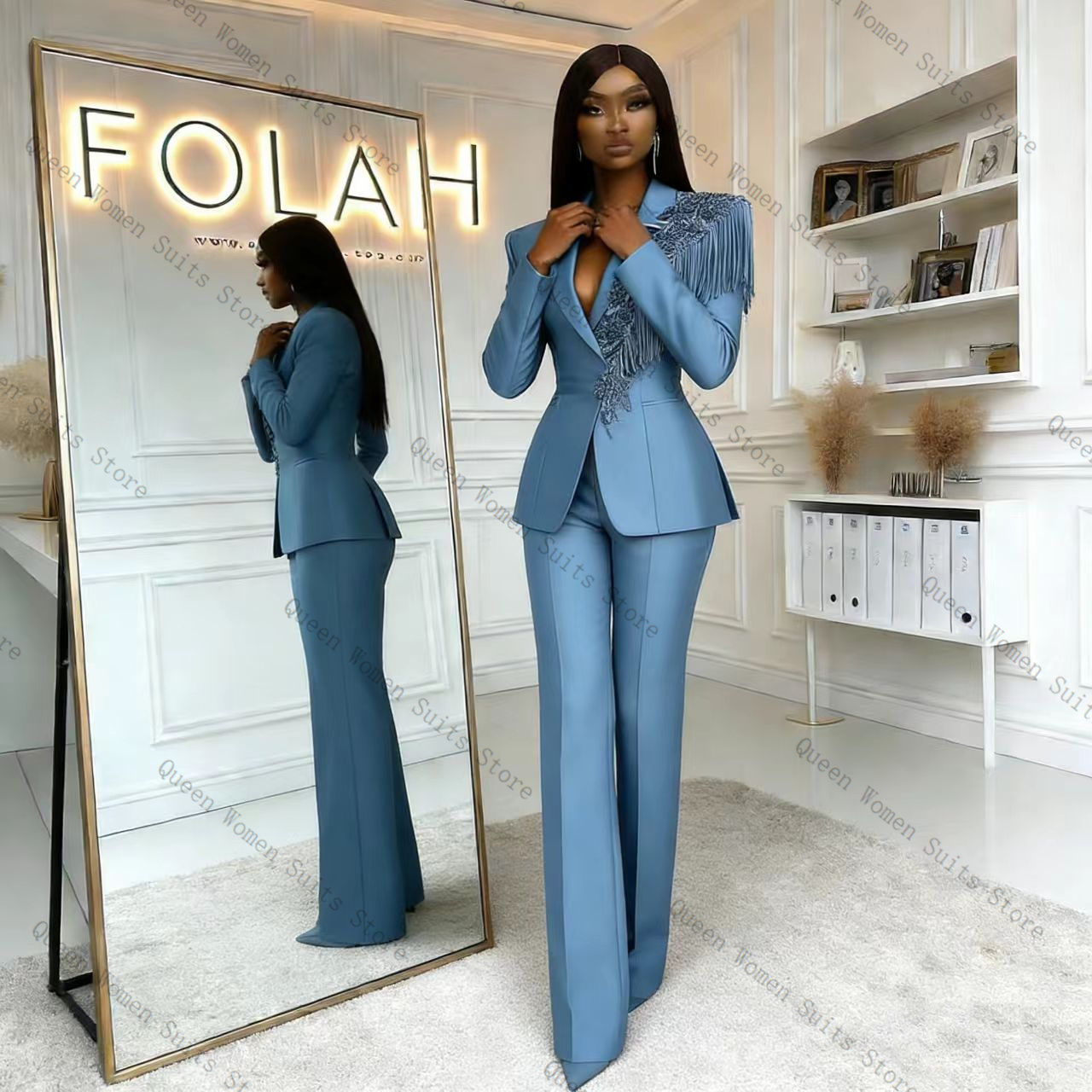 Костюм женский синий с бахромо – обзор и цена Women Formal Wear Blazer Set